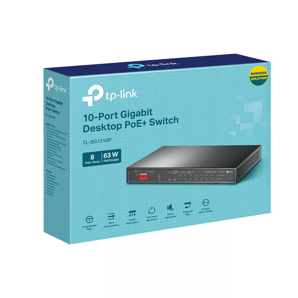 Omada PoE+ Switch 10-Port Gigabit 8-Port PoE+ 63W 1×SFP Fanless (TL-SG1210P)