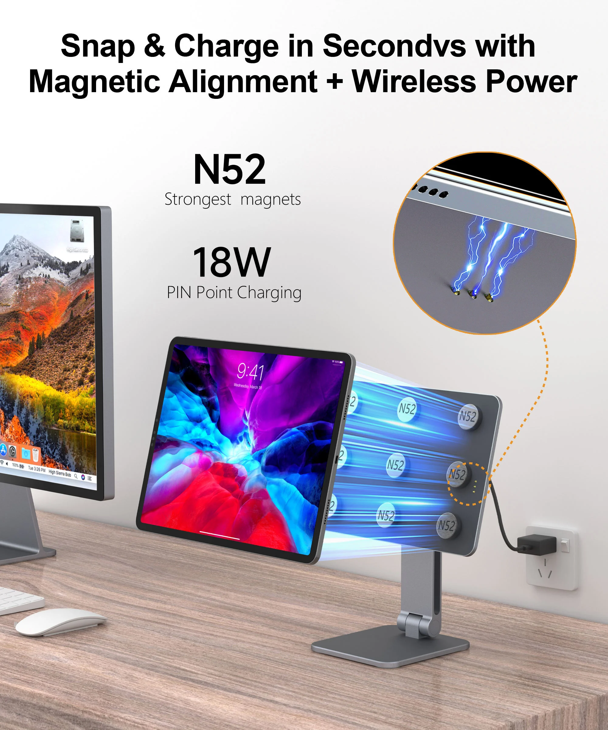 Yicosun Magnetic iPad Stand with PIN Point Charging 360° Rotating (B9-3)